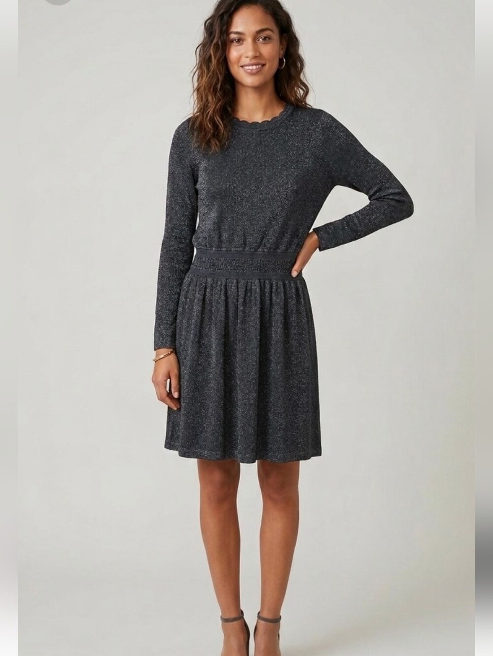 Tory Burch Dress Size Large Black Metallic Wool Elastic Waist  Lightweight Event